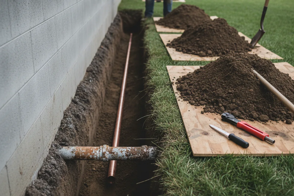 Excavated water line trench during Water Softener Installation in Moon